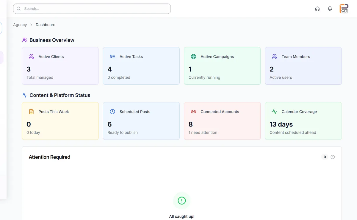 CampaignSwift agency dashboard with business overview