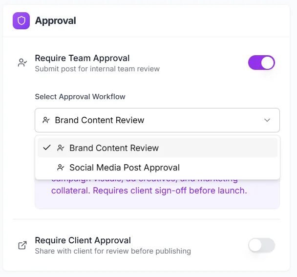 CampaignSwift post composer with team approval enabled and an approval workflow selected