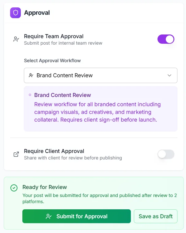 CampaignSwift approval card showing a post ready to publish after sign-off