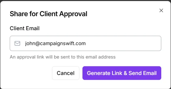 Share for client approval modal with token-based review link