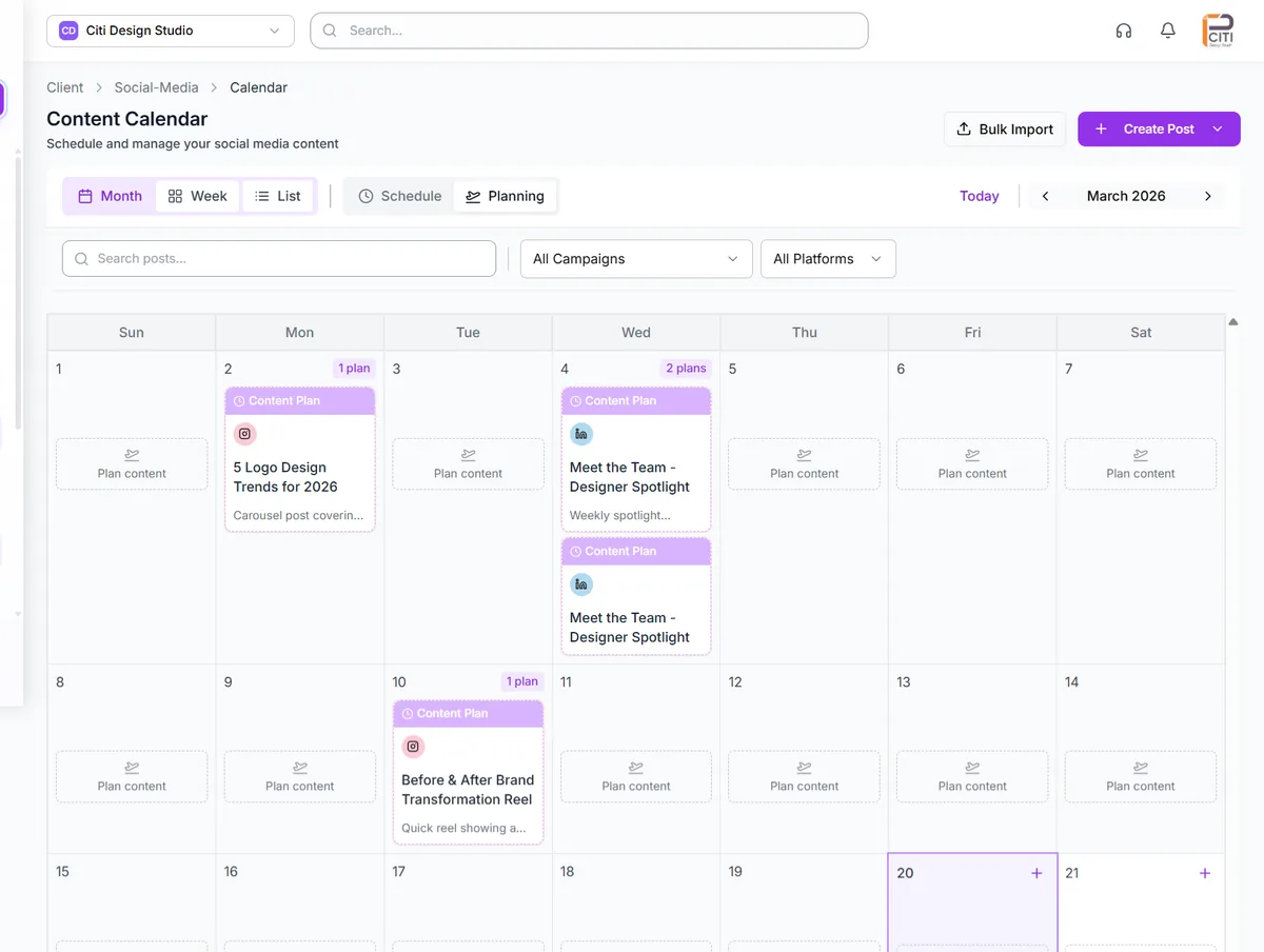 Content calendar software showing a multi-client monthly planning view with content assigned across channels and statuses