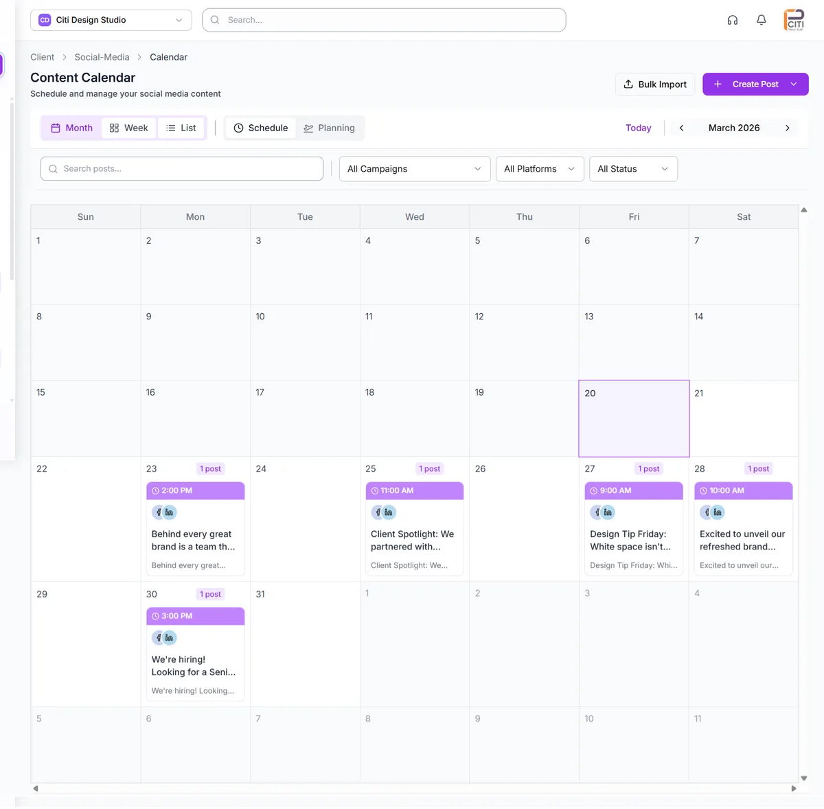 CampaignSwift content calendar showing approved posts scheduled across platforms with status badges