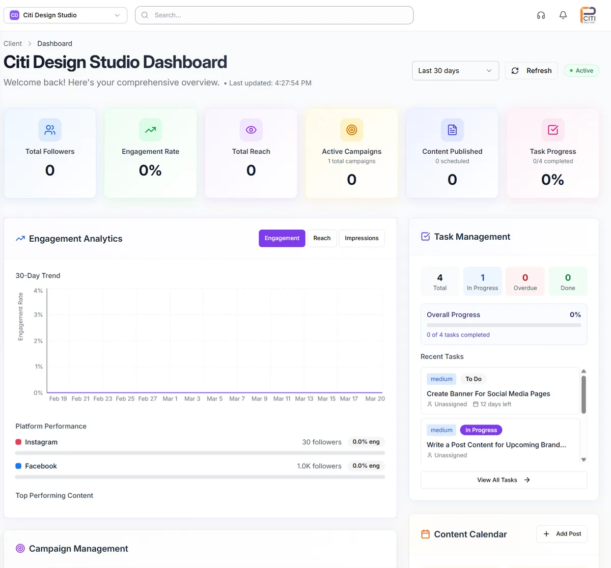 Agency reporting tool showing a client-facing social media performance dashboard with cross-platform metrics
