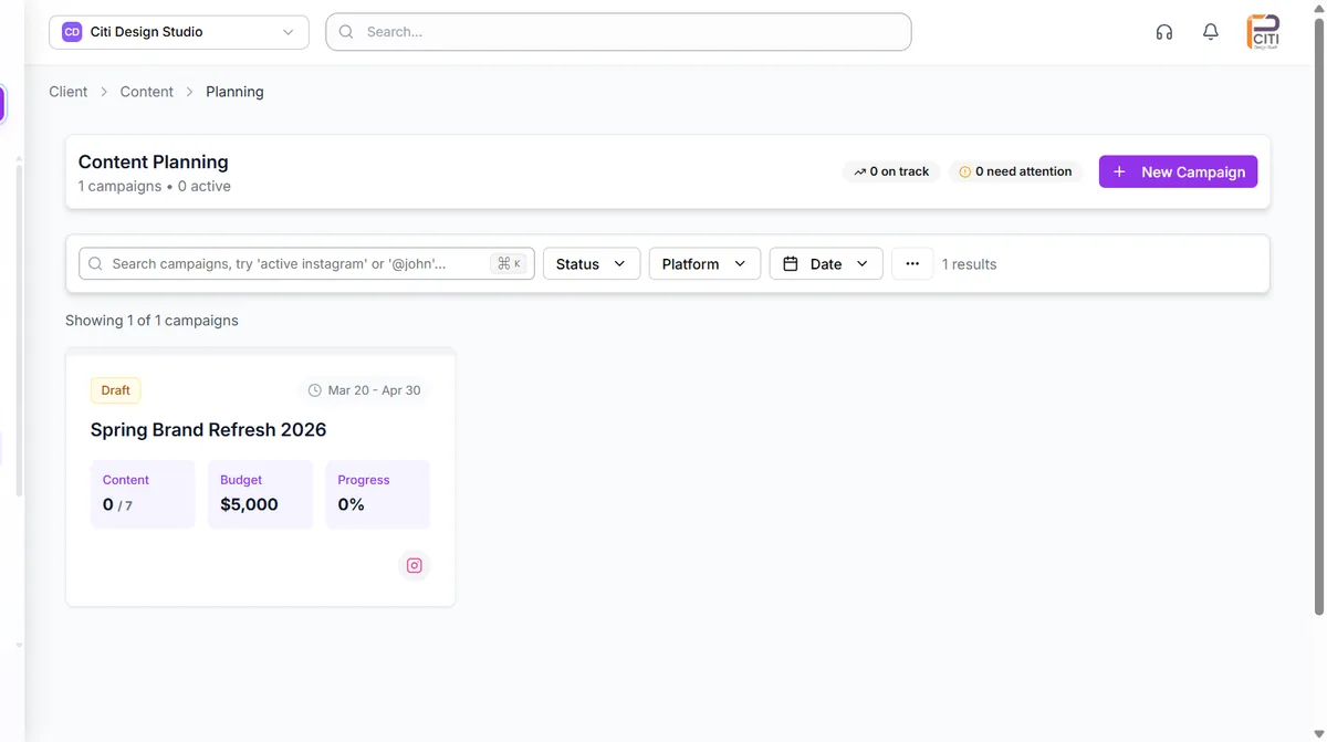 Content planning software with per-stage deadlines for draft, review and client approval ahead of the publish date