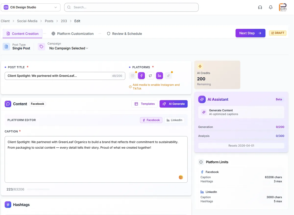 CampaignSwift post editor with AI content assistant generating captions and previewing across platforms