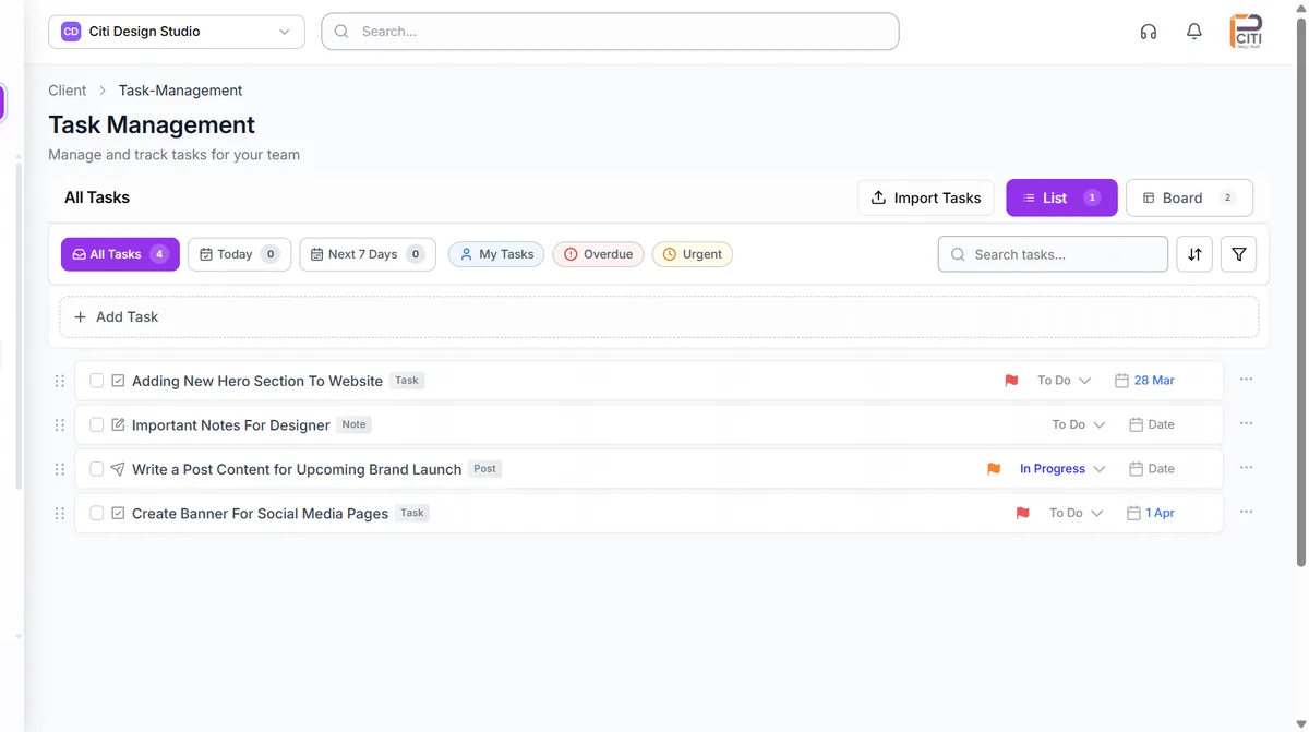 CampaignSwift task management with list and board views